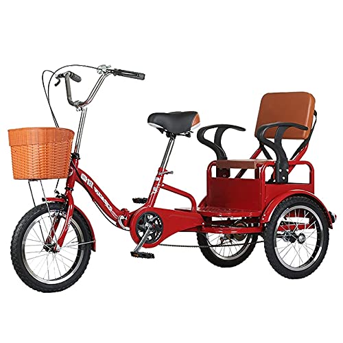 Triciclo plegable para adultos, bicicleta de tres ruedas de 16 pulgadas, tipo paseo, color rojo, con canastos delantero y trasero, para recreo, compras y picnic