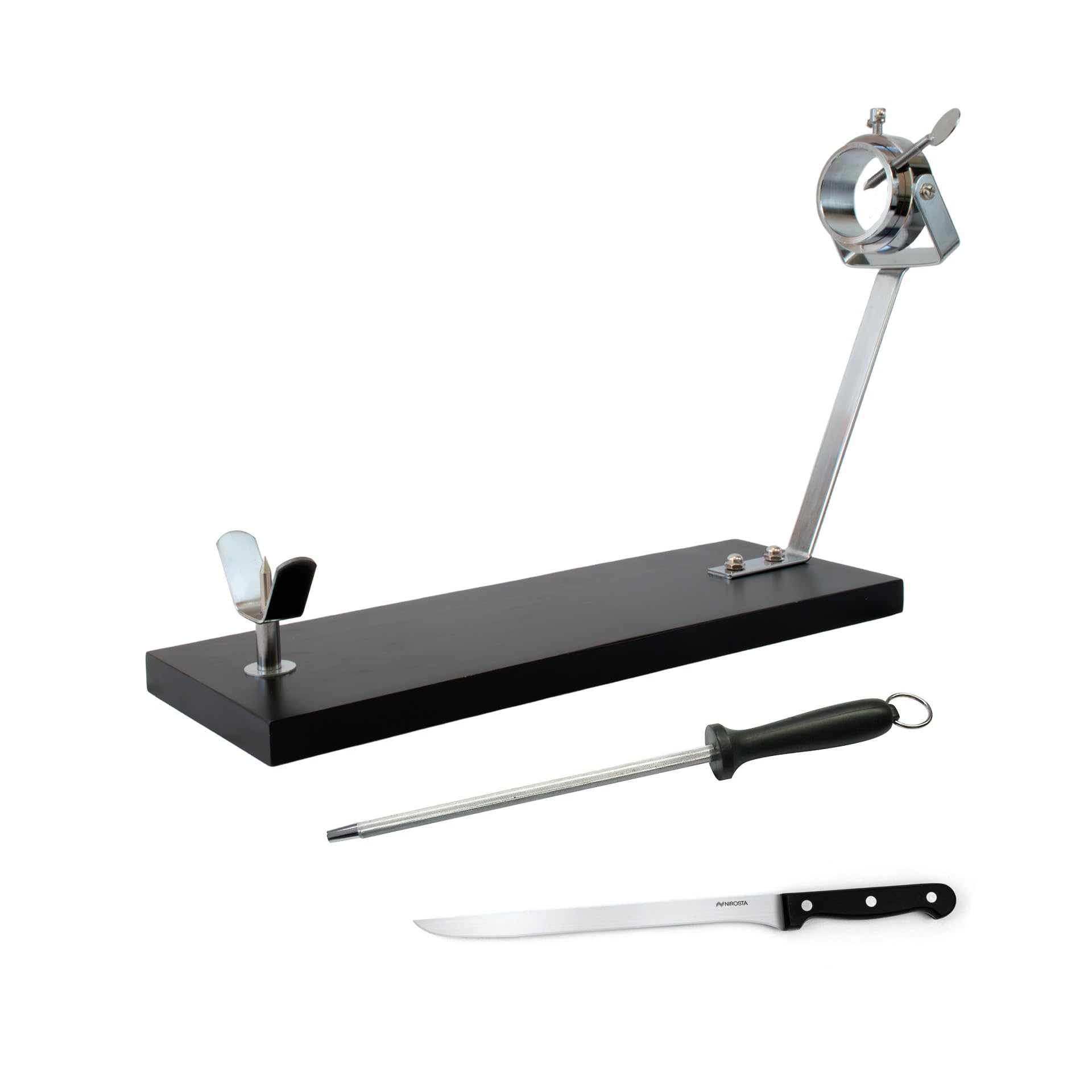 Fackelmann Set Soporte Jamonero Giratorio XXL, 48x34 cm, Especial Jamones Grandes, Incluye Cuchillo Jamonero 23/34 cm y Chaira