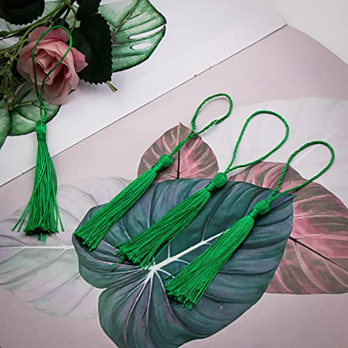 Image of VAPKER 100 Pieces Emerald Green Color Tassels 13cm /5-Inch Silky Handmade Soft Tassels Floss Bookmark Tassels with 2-Inch Cord Loop for Jewelry Making, DIY Projects, Bookmarks