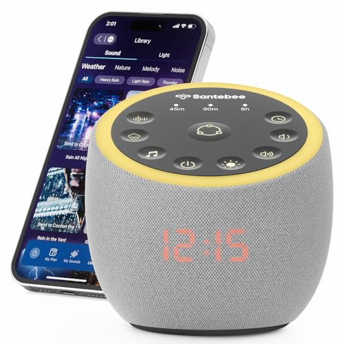 White Noise Sound Machine for Sleeping, 388 Soothing Sounds, Smart APP Control, Custom Buttons, Non Looping Natural Sounds, Bedside Dimmable Clock, Night Light, Santebee for Adults Baby Kids Lullaby
