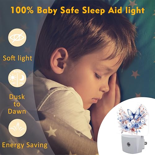 Image of Watercolor Butterfly and Flowers Night Light for Kids,Elegant Blue Floral Plug in Night Light with Dusk to Dawn Sensor, 0.5w Energy Saving Nightlight for Hallway Stairway Kitchen Bedroom