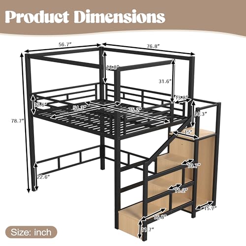 Image of Bellemave Full loft Bed with Storage Stairs, Wardrobe, Canopy Support Pole, Metal Full Loft Bed Frame for Adults, Kids, Teens, Canopy can be Disassembled, Black+Natural Wood