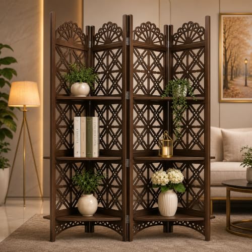 Image of Wooden Partition Divider for Living Room, Partition Wall, Privacy Divider, Freestanding Folding Panels (6 feet 5 Panel with Shelf) (6 Feet 4 Panel with 3 Shelf Brown)