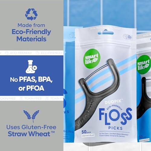 Image of SmartLifeco Eco-Friendly Dual-Thread Dental Floss Picks (200ct) - Flossers Made with Straw Wheat Blend, Natural Teeth Whitening, Tooth Pick Stick for Adults, Activated Bamboo Charcoal Floss Thread