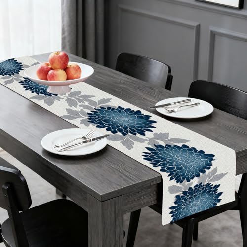 Image of Nuxovilar Blue Dahlia Table Runner Flax 13x72 in