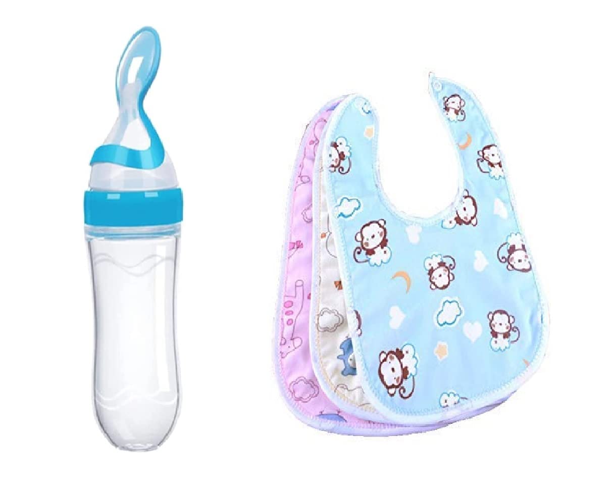 BabyGo Baby Feeding Combo | Waterproof Apron Bibs Set of 3 + BPA-Free Soft Silicone Squeeze Feeder Bottle with Spoon (90ml), Easy-to-Use & Reusable Feeding Set for Babies & Toddlers
