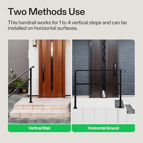 Image of VIVOSUN Outdoor Handrail, 54 inch x 36 inch Fits 1-4 Steps, Wrought Iron Stair Railing with Curved Ends, One-Step Assembly, Black