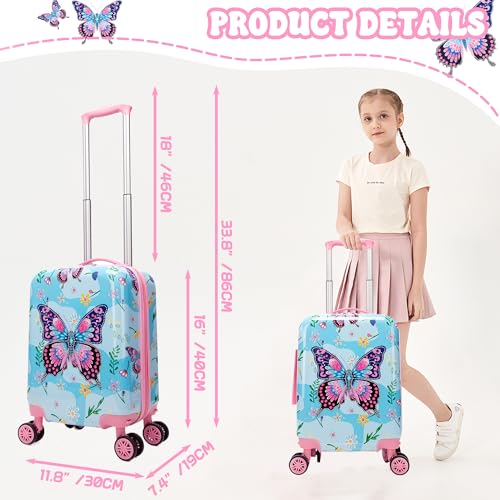 Image of Kids Luggage Sets 2 Piece Rolling Suitcases with Wheels for Girls Hardshell Toddler Suitcase Set with Neck Pillow Airplane 16 Inch Kids' Carry on Luggage Blue Butterfly