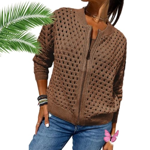 Women's Casual Hollow Knitwear Zipper Jacket,Crochet Jackets for Women Open Front Long Sleeve Cardigan Sweater