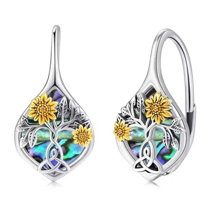 Sunflower Earrings 925 Sterling Silver Sunflower Abalone Shell Earrings Tree of Life Leverback Earrings Jewelry Gifts for Women