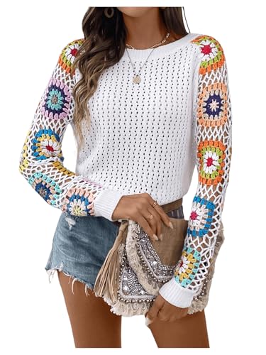 MakeMeChic Women's Floral Long Sleeve Crochet Sweaters Round Neck Hollow Out Knit Tops