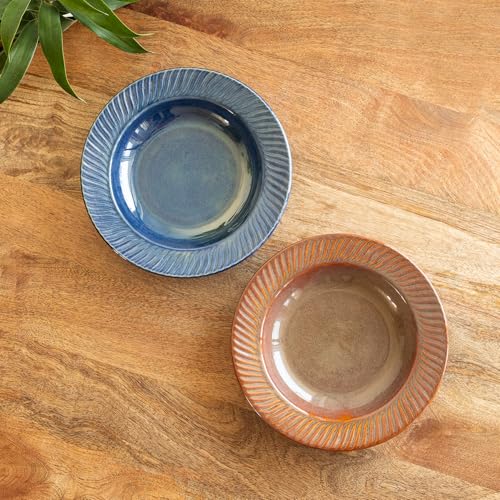 Image of ExclusiveLane 'Lunar Dusk' Ceramic Pasta Bowls /Plates for Serving (Set of 2, 410 ML, Microwave Safe, Hand-Embossed) | Snack Serving Plate for Kitchen Serving Plate for Snacks