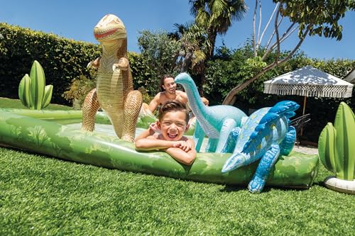Image of INTEX Jurassic Adventure Inflatable Kiddie Pool with Water Sprayer, Slide & Dinosaurs - 79 inch x 79 inch x 14 inch - Ages 2+