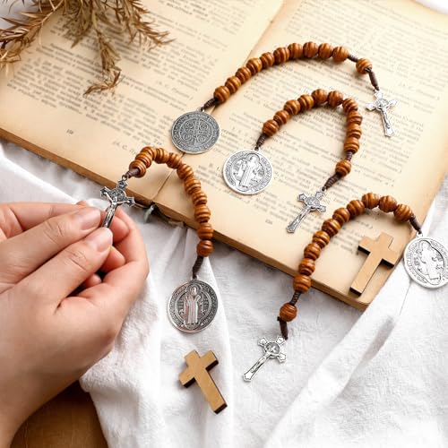 Kigeli 6 Pcs Saint Benedict Medal Prayer Pocket Rosary Catholic Gift for Men Women Bead Wood with Crucifix Christian Religious Gift Solid Wooden Prayer Chaplet with Cross Silver Jesus3