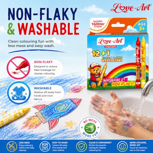 Image of Love-Art 12+1 X-TRA Long Wax Crayons for Kids | Extra Long, Ultra Smooth & Vibrant Colour Crayons | Non-Flaky, Washable Wax Colours for Drawing, Colouring, Art & School