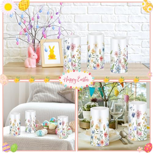 Image of Retisee 3 Pcs Spring Wildflower Flameless Candles Spring Floral Battery Operated Flickering LED Candles with Remote Floral Gifts Decoration for Easter Wedding Table Centerpieces Home Living Room Decor