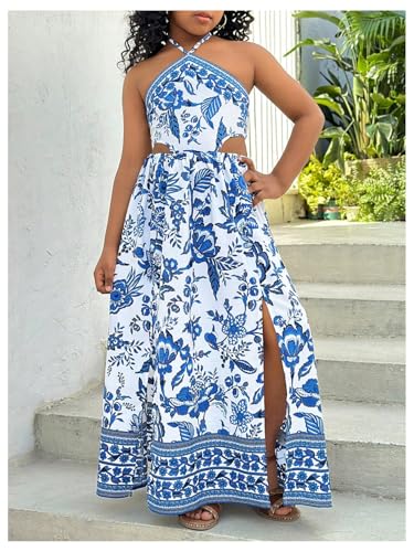 Girl's Tropical Floral Vacation Halter Dresses Cut Out Sleeveless Split Smocked Maxi Dress4
