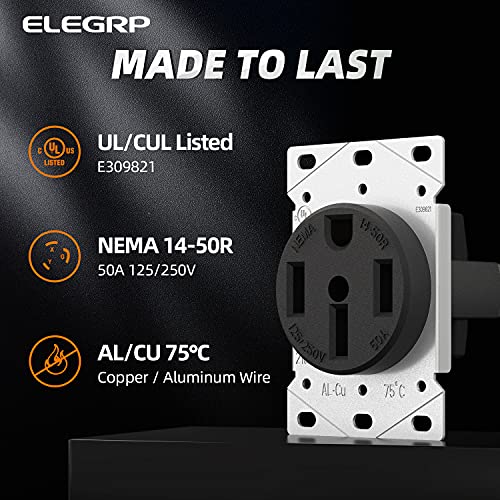 Elegrp 50 Amps 125/250V Range Oven Stove Receptacle, Flush Mounting Power Outlet, Nema 14-50R, Straight Blade Heavy Duty Range Receptacle, Grounding, 3 Pole 4 Wire, Ul Listed, 1 Pack #TOP2