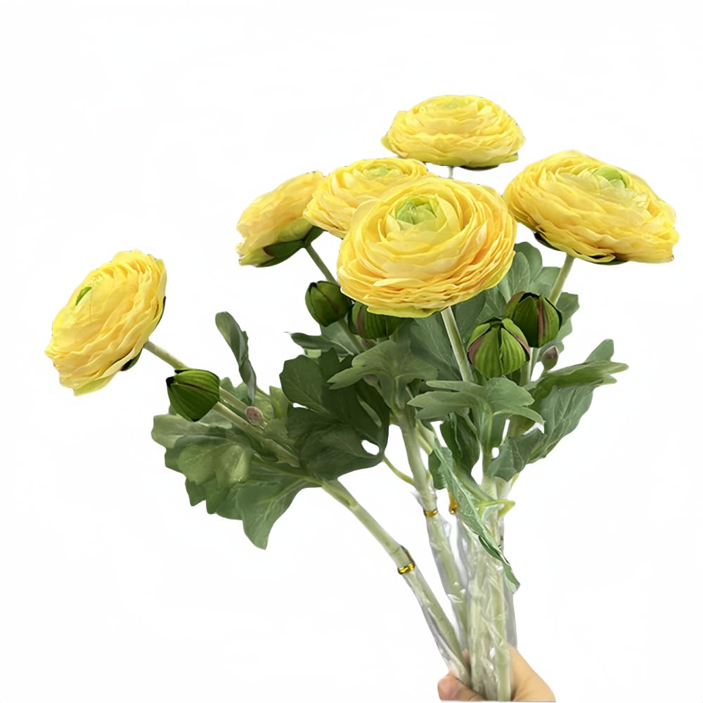 XIZHI 5Pcs 19.6" Artificial Ranunculus Flowers Real Touch Stem Ranunculus Artificial Flower Silk Flower for Arrangements Centerpiece Table Home Wedding Bouquet Party (Yellow)