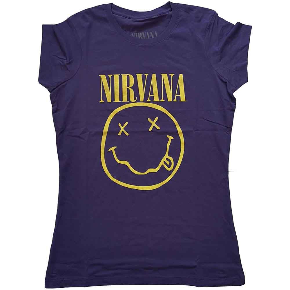 Rock Off Officially Licensed Products Women's Purple Nirvana T Shirt Yellow Smiley Band Logo Official Skinny Fit M