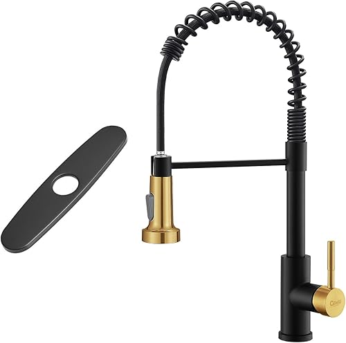 GIMILI Grifo de fregadero de cocina con resorte con placa de cubierta, negro mate y dorado