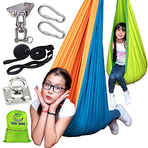 Sensory Swing | Therapy Swing for Kids + Kids'Hanging Pod | Durable Indoor Fabric Swing & Hanging Sensory Pod | Reversible Home Child|Comfortable Therapy Hammock Swing with Hardware & Drawstring Pouch