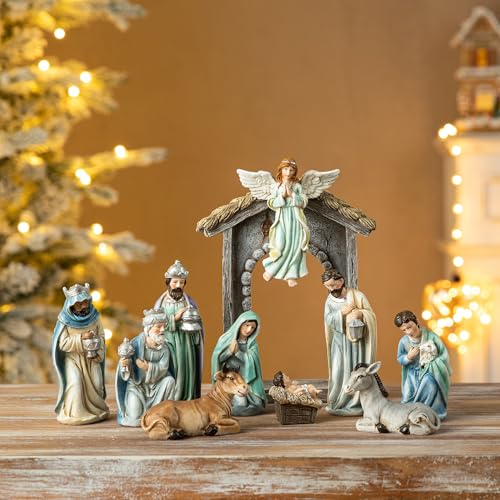 Glitzhome 11Pcs Resin Nativity Figurines Set for Christmas Indoor Deluxe Blue Holy Family with Angel Nativity Sets Scene Collectible Figures Christmas Table Statue Ornaments Church Gifts 8 x 20.75