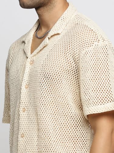 Image of SHOWOFFFF Men Solid Crochet Casual Shirt | Cuban Collar Half Sleeves Cotton Shirt for Mens | Relaxed Fit Regular Length Shirt for Men's