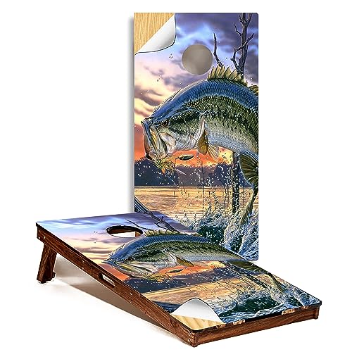 GRAPHIX Express - Fish Cornhole Board Wrap - C220 Bass Fishing - Laminated Weatherproof Vinyl Decal - Easy Bubble-Free Application - Stickers Dimensions: 2' x 4' - Set of 2