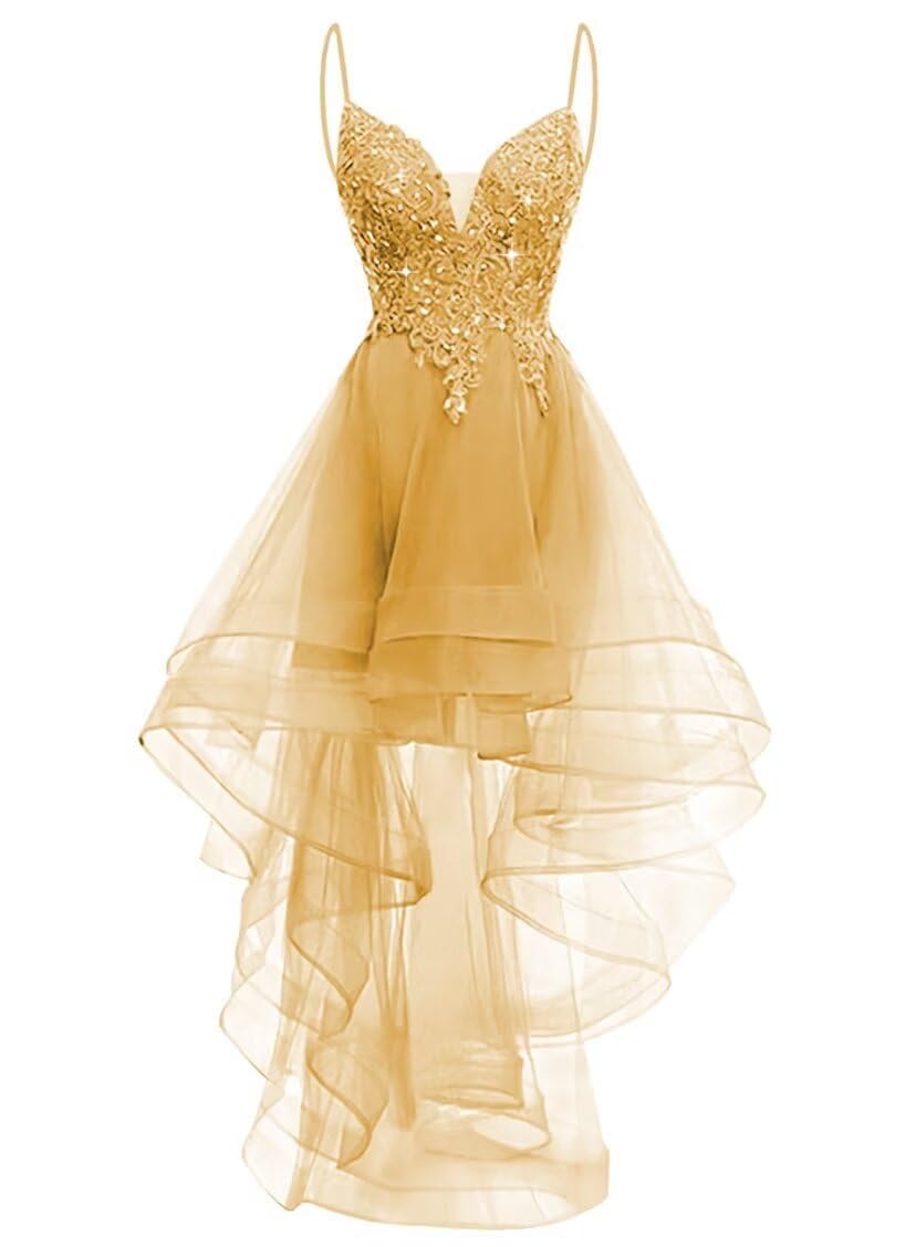 Yiann Women's Gold Tulle Prom Dresses For Spaghetti Strap V Neck High Low Homecoming Dress Celebrity Pageant Gown Uk14
