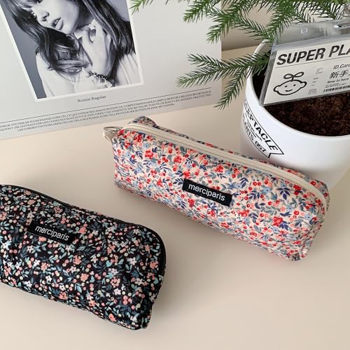 Image of Flower Prints Pencil Pen Pouch Purse Bag Cosmetic Case Organizer Soft Cotton Canvas (GR)