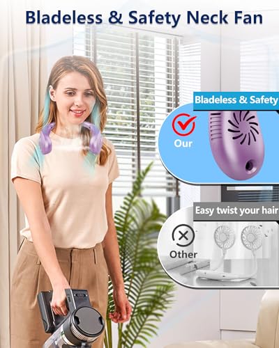 Image of Neck Fans Portable Rechargeable Personal Misting Fan,Fold Up Compact Necklace Fan with Mist,Soundless Powerful Mobile Body Air Cooler with Digital LED Display, Presents for Adults Kids Elderly Purple