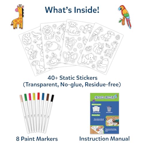 Image of Skillmatics Cling Art - Color Clingz Animals, 40+ Reusable Static Stickers, Mess-Free Fun for Kids, DIY Craft Kits & Supplies, Travel Toys, Creative Gifts for Boys and Girls Ages 3, 4, 5, 6, 7