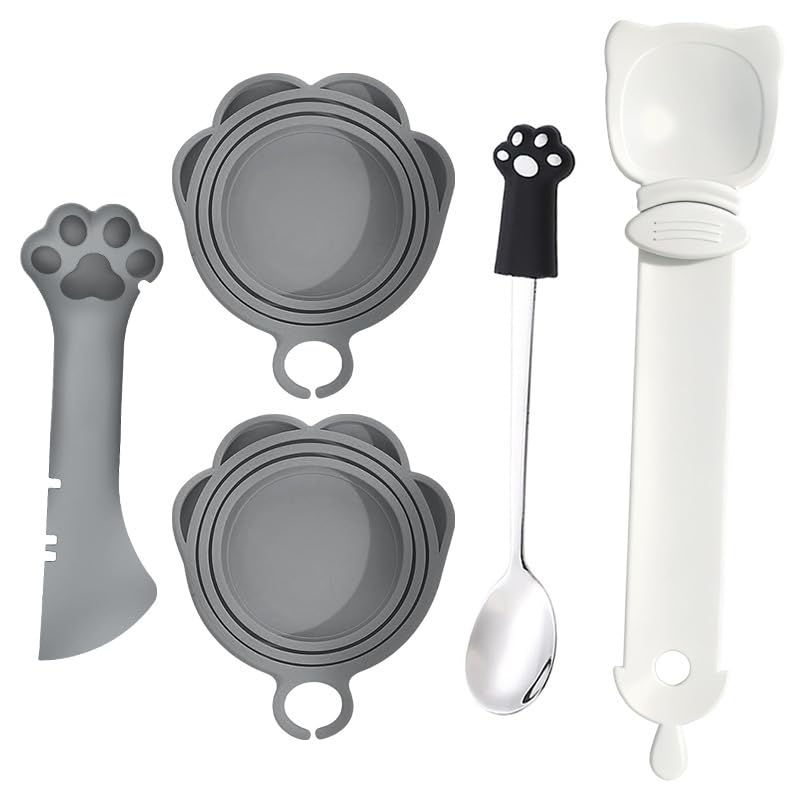 MINGBOLIN Cat Food Can Lids & Spoons Set, Cat Food Can Lid Cover, Cat-Paw Pet Foods-Can Opener with Spoon for Cats and Dogs, Cute Pet-Cans Opener Spatula Scoop for Wet or Dry Foods