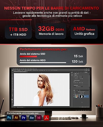 Ultra V2 PC fisso AMD Ryzen 7 5700G 8 Core - Desktop veloce computer per ufficio e casa con 4,6 GHz, 32 GB RAM/Memoria - Disco SSD da 1 TB + HDD da 1 TB - DVD+RW - USB3.1 - Wi-Fi, incl. W11 Pro - PC Desktop - Immagine 3