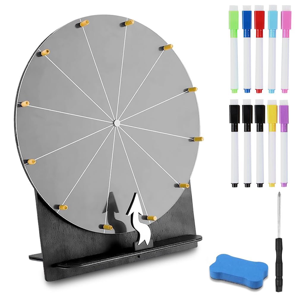 Ruota della fortuna da ruotare, 30 cm, 12 slot, ruota della fortuna da personalizzare con 10 pennarelli, ruota della fortuna con supporto, ruota della fortuna per giochi della lotteria, feste
