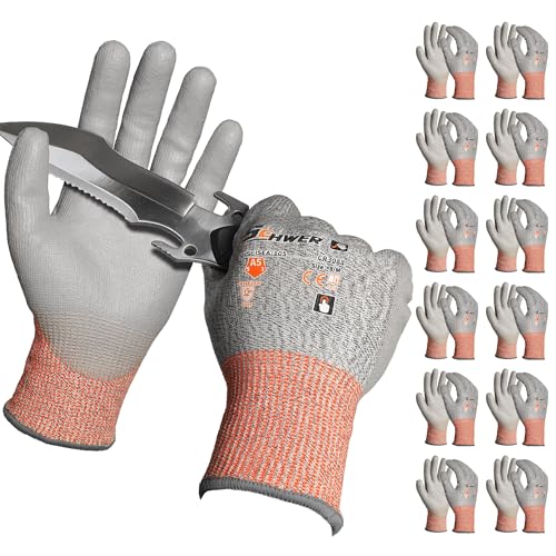 Schwer 12 Pairs ANSI A5 Cut Resistant Work Gloves, Cut Proof Gloves with PU Coating, Used for Metal Fabrication, WoodWorking, Construction, Non Slip, Durable, Non PFAS, M, CR3088