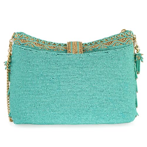 Mary Frances Shimmy Beaded Fringe Clutch Handbag – Boho Vegan Crossbody Purse with Zipper & Magnet Closure, Turquoise2
