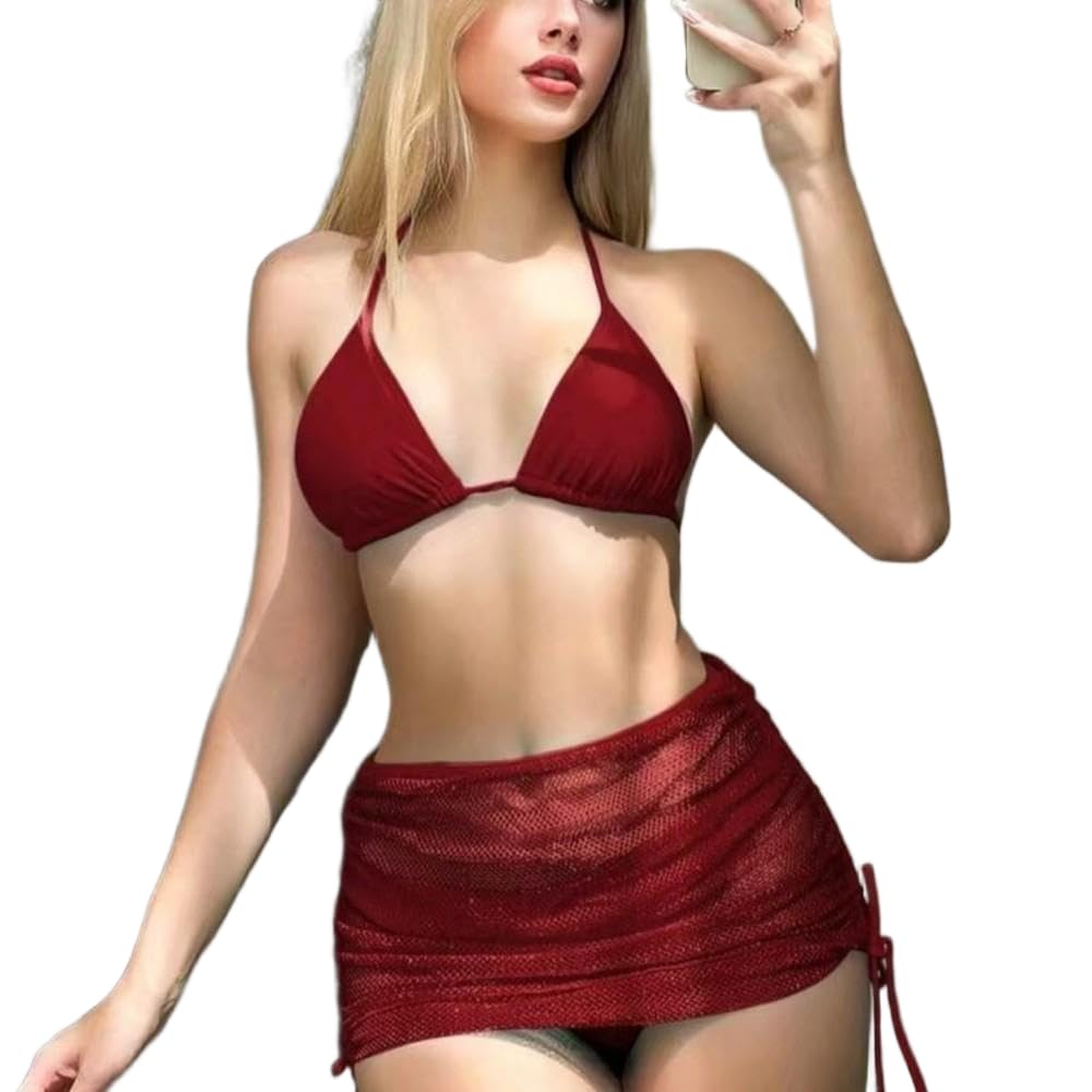 JJDFW seksowne różowe bikini bez pleców, spódnica z siatki, strój kąpielowy w stylu lat 2000, strój plażowy