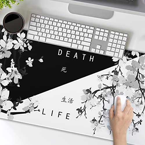Image of Black White Japanese Mouse Pad 35.4 X 15.7 Inch XXL Cherry Blossom Death Life Sakura Full Desk Mousepad Extended Large Non-Slip Rubber Base Big Keyboard Mat with Stitched Edges for Gaming and Office