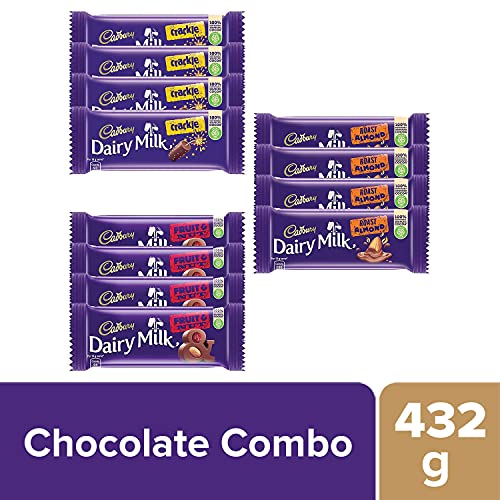 Image of Cadbury Dairy Milk Chocolate Bar, Pack of 12 (Fruit and Nut, 4x36g, Roast Almond, 4x36g, Crackle, 4x36gm) 432 gm