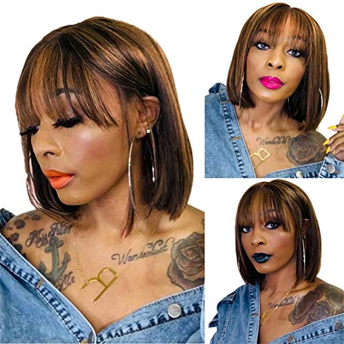 Short Bob Wigs Straight Highlight 12" Synthetic Hair Wigs with Flat Bangs Mix Brown Bob Wig Synthetic Cosplay Daily Party Wig for Women(Highlights )