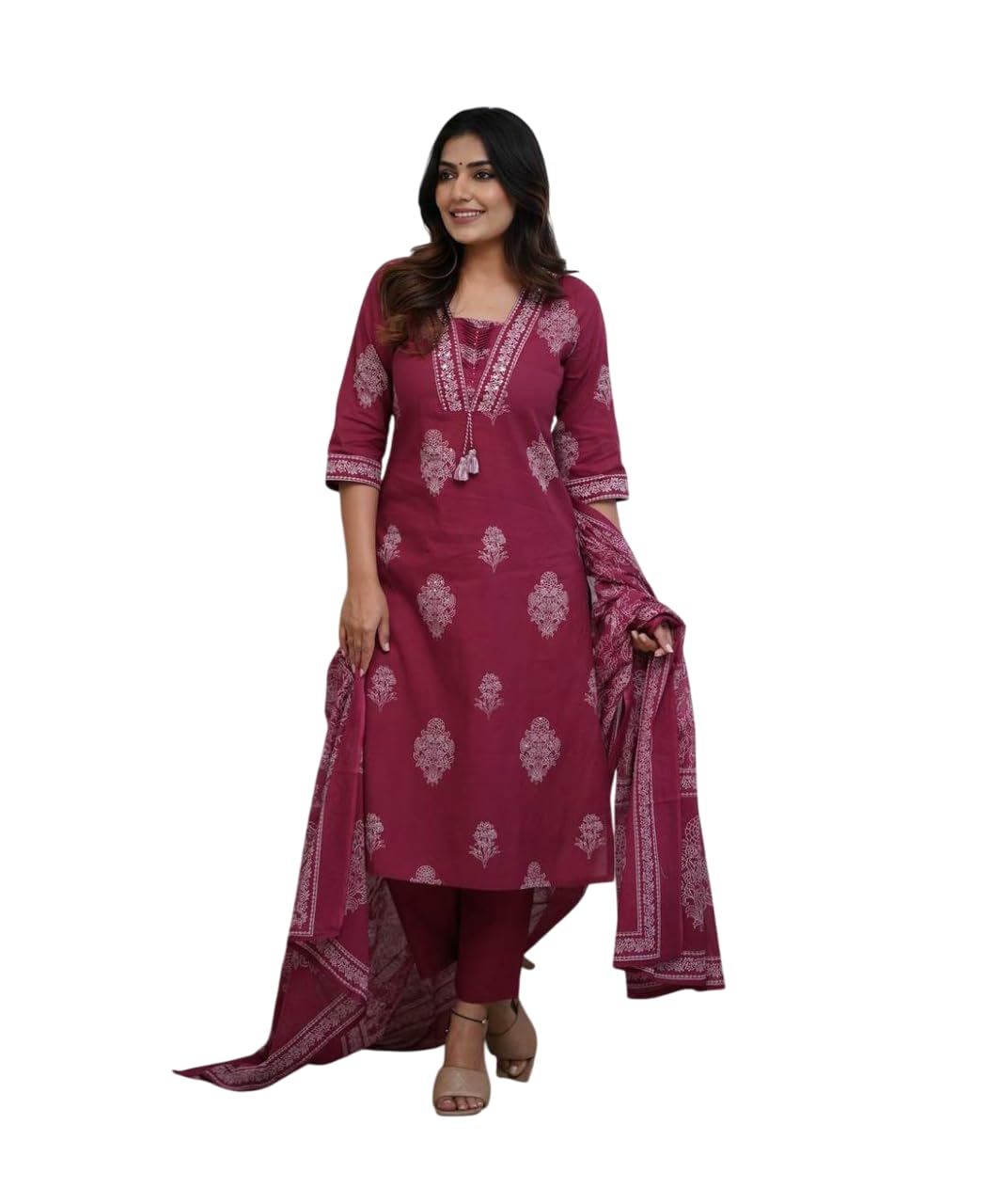 EKRAFT Bharat Women's Cotton Printed Straight Kurti with Pant and Dupatta Set (Maroon-M)-image-47