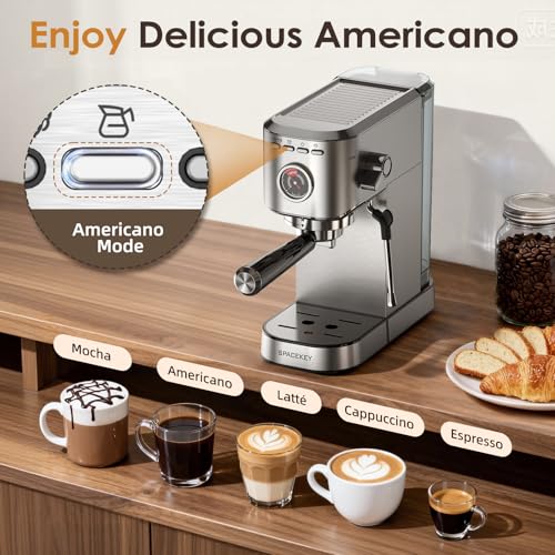 Image of Spacekey Espresso Machine with Milk Frother, 20 Bar Compact Expresso Coffee Machines for Home, Stainless Steel Espresso Maker with 39oz Removable Water Tank for Cappuccino Latte, Fast Heating, Silver