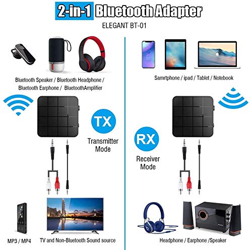 Bluetooth 5.0 Transmitter Receiver, 3.5mm AUX RCA Bluetooth Audio Adapter for Home Stereo, 2 in 1 Wireless Bluetooth Adapter with Low Latency HD Sound,TV, PC, Smartphone, Car (Black)