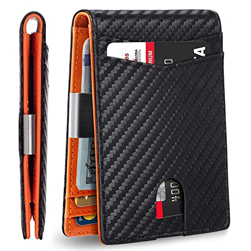 Mens Wallet With Money Clip Minimalist Wallet For Men with ID Window Minimalist Leather Bifold RFID Blocking with 12 Credit Card Slots Bifold Leather Large Capacity with Gift Box(Orange)