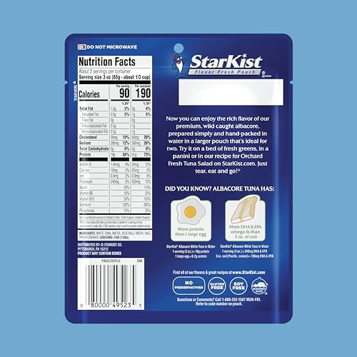 Image of StarKist Albacore White Tuna in Water, 6.4 oz Pouch Ready to Eat Wild Caught Tuna, 19g Protein & 90 Calories Per Serving, Gluten Free, Soy Free, Kosher, Perfect for Meals & Snacks (Pack of 6)