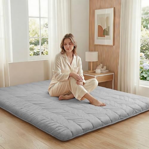 Image of ZonLi Japanese Floor Mattress Futon Mattress Queen Size, Thicken Roll Up Tatami Mat 100% Cotton Washable Cover, Portable & Foldable Floor Bed Mattress for Sleeping, Dormitory, Adult, Grey