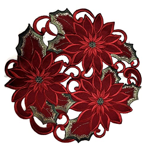 Doily Boutique Christmas Place Mat or Doily with Red Cutwork Poinsettias, Size 15 inches