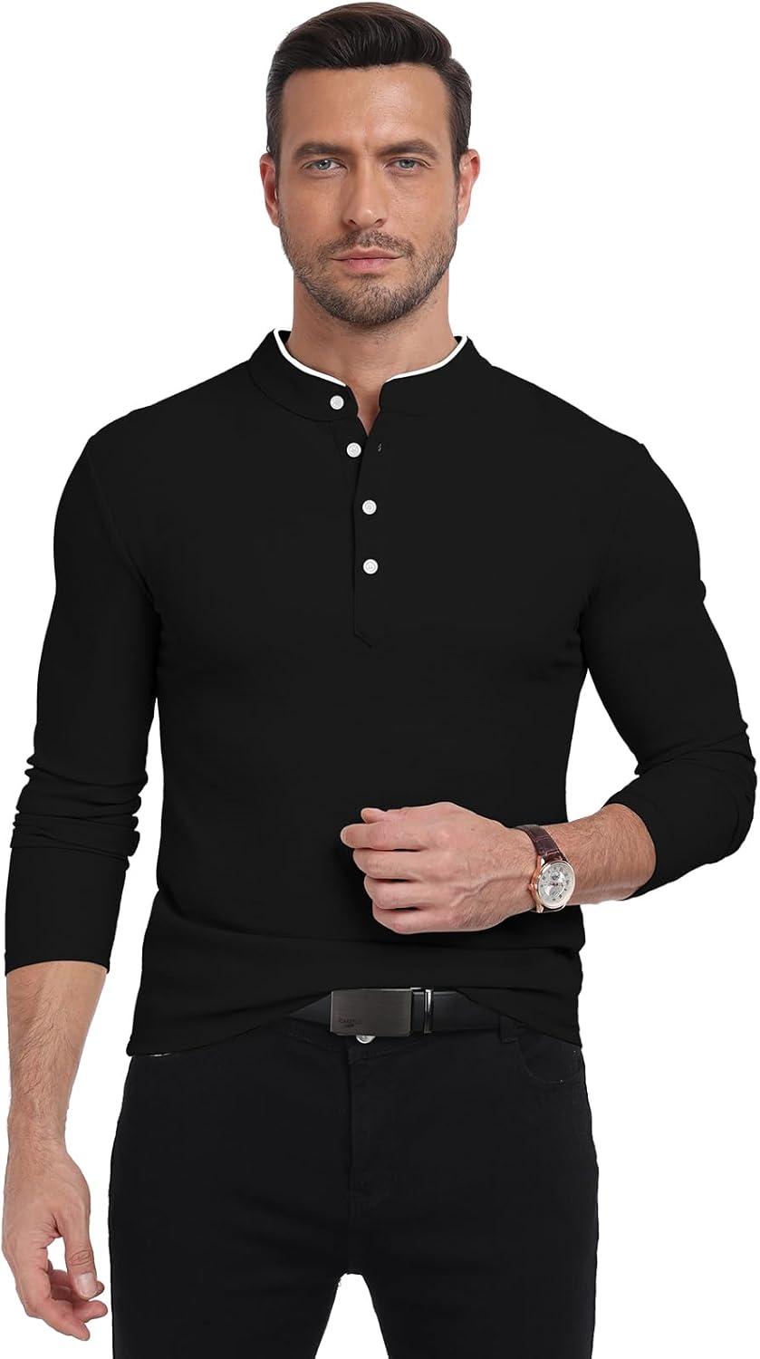 KUYIGO Men's Long Sleeve Slim Fit Mandarin Polo Shirts Waffle Button Fashion Casual Tops T-Shirt - Image 4